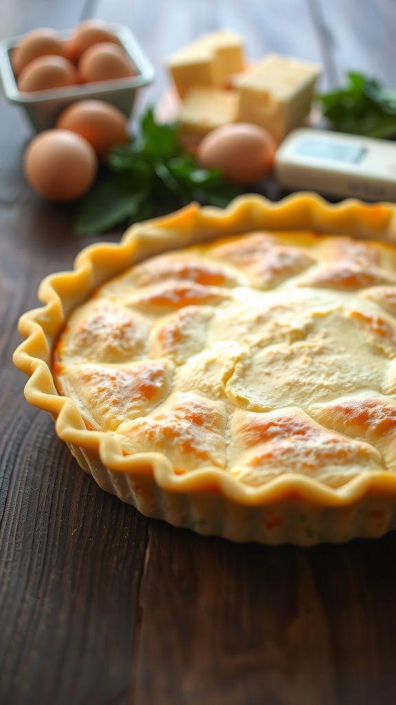 Classic Quiche Pastry Recipe Golden brown quiche pastry crust in a tart pan, surrounded by fresh ingredients.